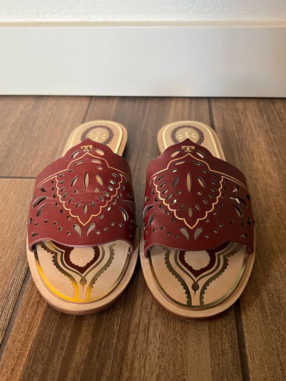 Tory Burch Burgundy Laser-Cut Leather Slide Mules